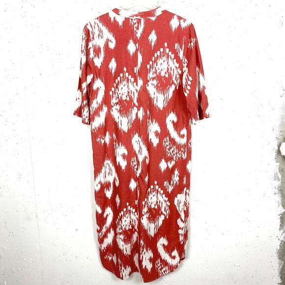 M&S Womens Linen Rich Printed V-Neck Tunic Dress 3/4 Sleeves Sienna Red Size 8 - Picture 3 of 15